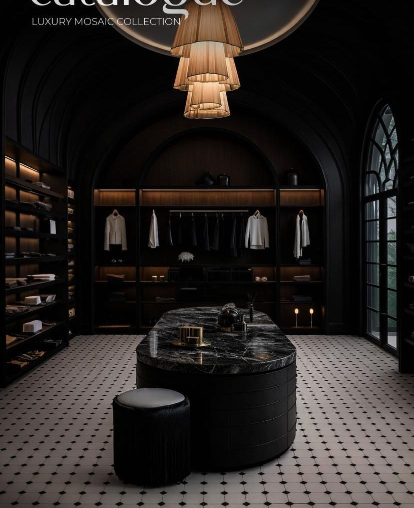 Dark luxury interior with a black-and-white mosaic floor